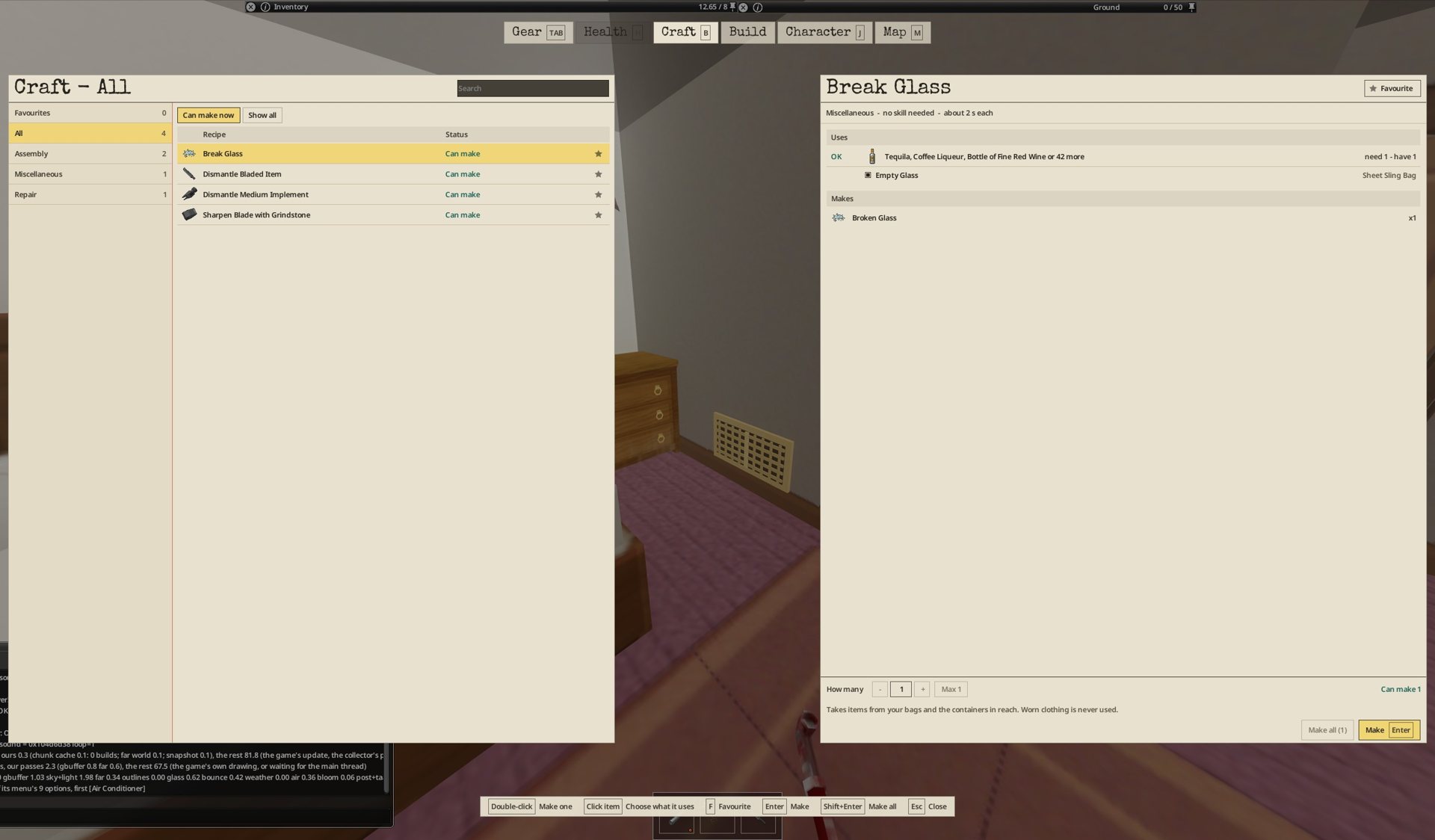 IEUI Craft screen in the notebook style, with a recipe list and the Break Glass recipe detail