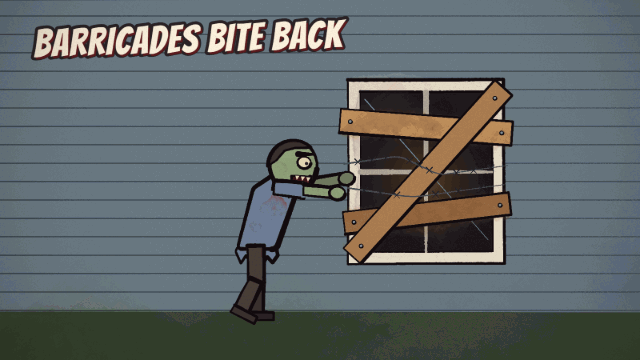 Animated promo: a zombie pushes against a boarded window wrapped in barbed wire