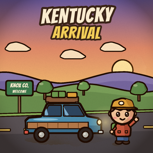 Kentucky Arrival promo art: a traveller waves next to a station wagon at the Knox County sign
