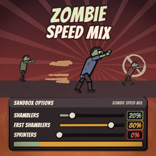 Zombie Speed Mix promo art: zombies at three speeds above sandbox sliders set to 20, 80 and 0 percent